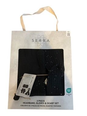 NWT 3-Piece Sequined Black Scarf/Gloves/Headband Set
